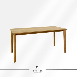 Minimalist solid wood dining table with a rectangular tabletop and rounded tapered legs in a natural finish.