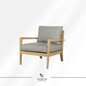 Solid wood armchair with light natural finish and soft grey upholstered seat, minimalist design