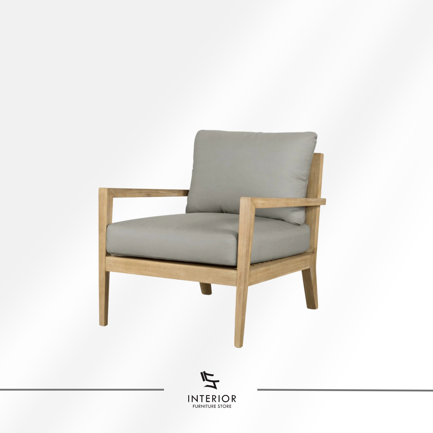 Solid wood armchair with light natural finish and soft grey upholstered seat, minimalist design