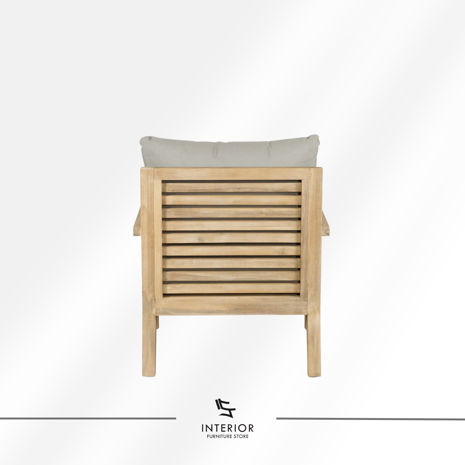 Solid wood armchair with light natural finish and soft grey upholstered seat, minimalist design