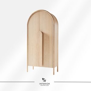 Light wood wardrobe cabinet with an arched top and double doors, featuring open shelving inside.