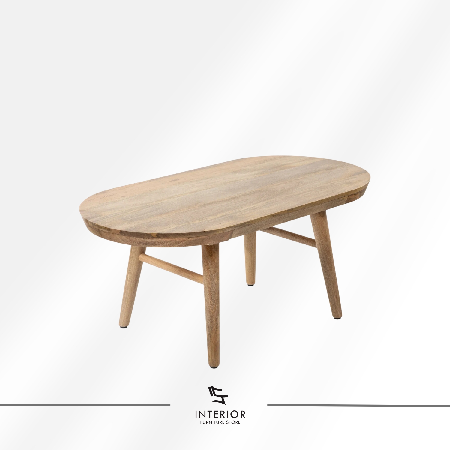 Oval solid wood coffee table with rounded edges and tapered legs, minimalist natural design