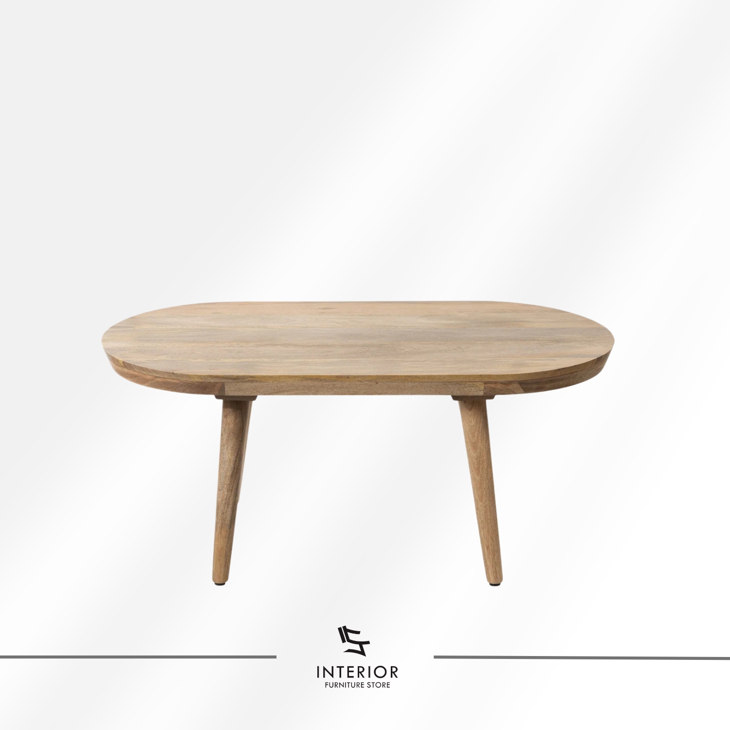 Oval solid wood coffee table with rounded edges and tapered legs, minimalist natural design