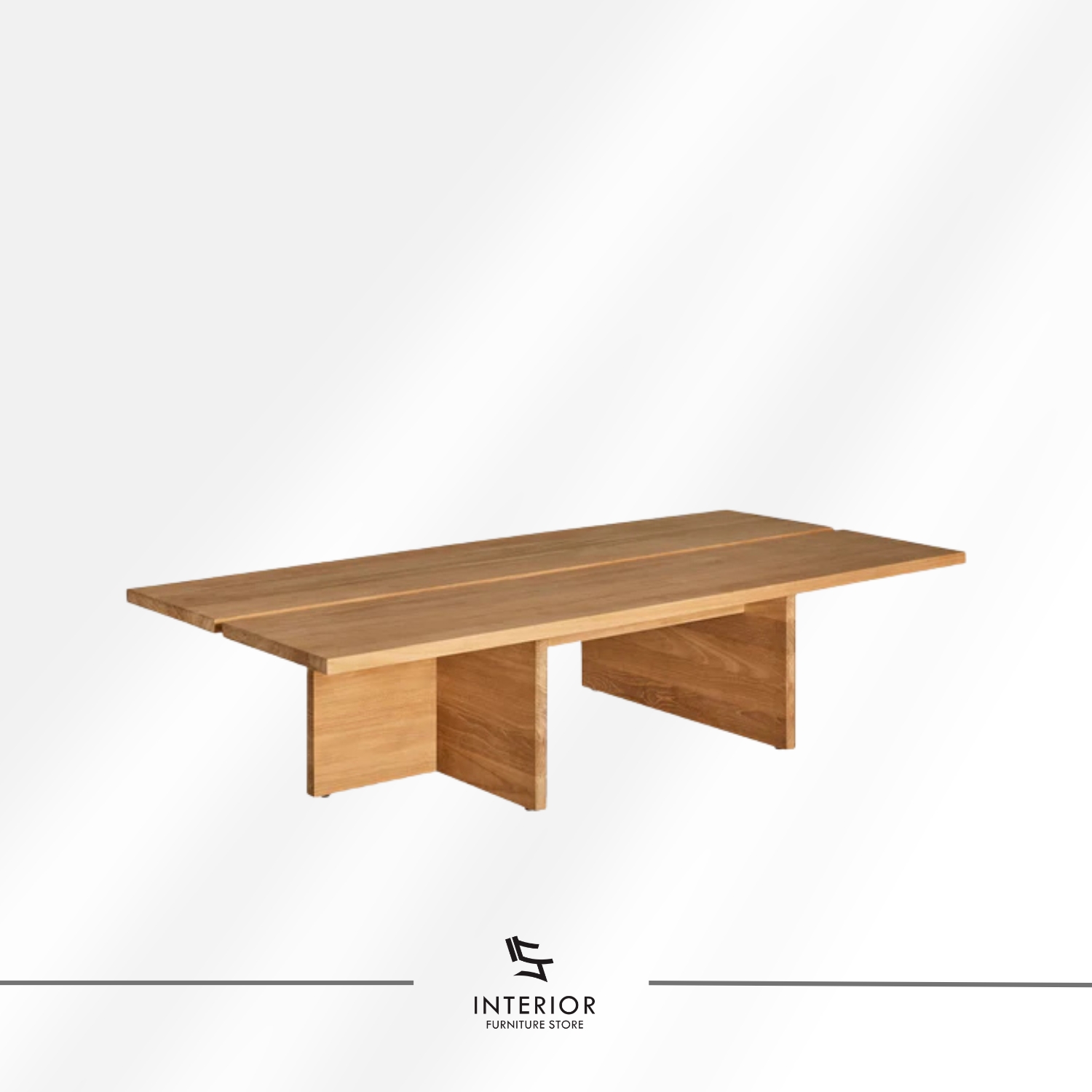 Solid wood coffee table with wide plank top and panel legs, modern minimalist design