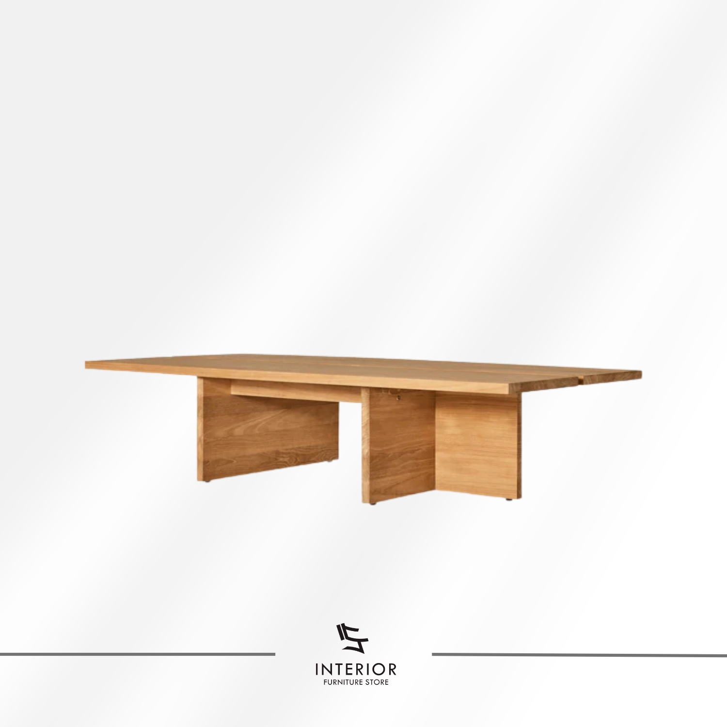 Solid wood coffee table with wide plank top and panel legs, modern minimalist design