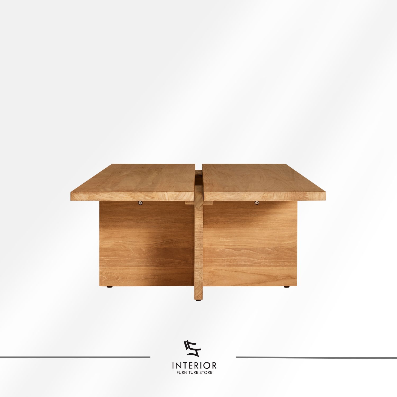 Solid wood coffee table with wide plank top and panel legs, modern minimalist design