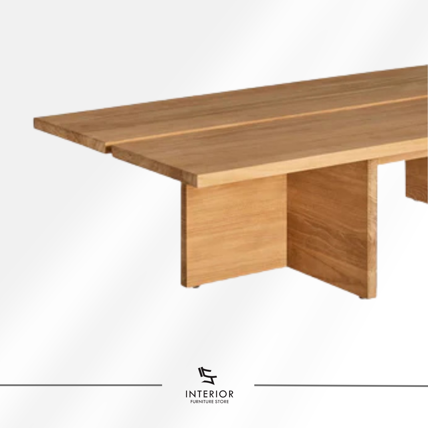 Solid wood coffee table with wide plank top and panel legs, modern minimalist design