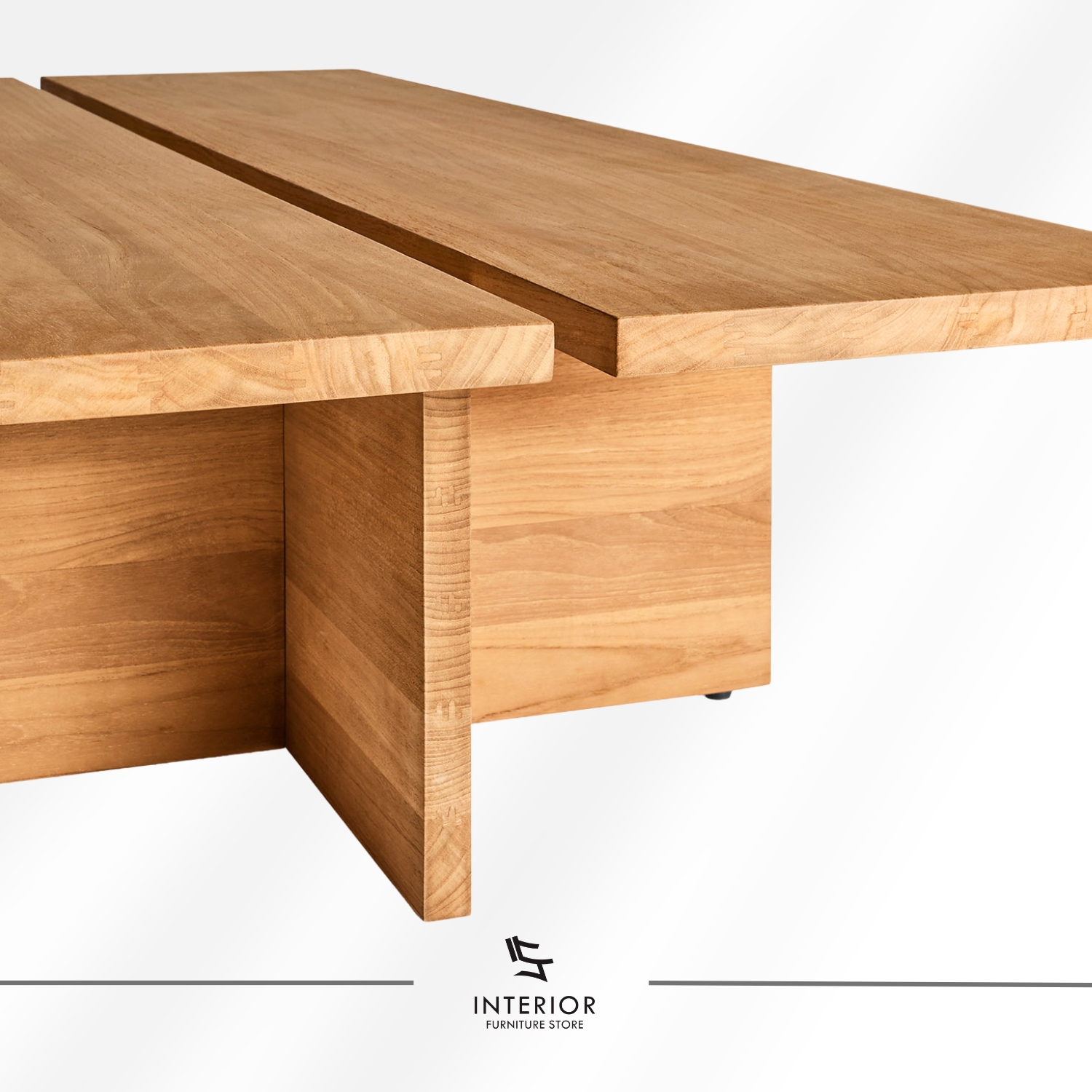 Solid wood coffee table with wide plank top and panel legs, modern minimalist design