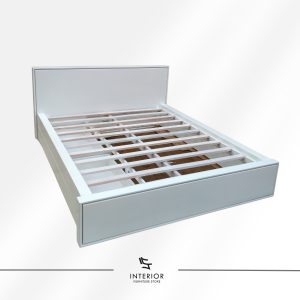 Modern white platform bed frame with a clean-lined headboard and built-in side storage drawers.