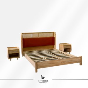 Wooden bed frame set with woven rattan headboard, upholstered back panel, and matching bedside tables in a natural finish.