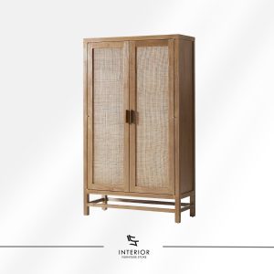Dark wood wardrobe with two open doors featuring rattan weave panels, revealing spacious interior shelving.