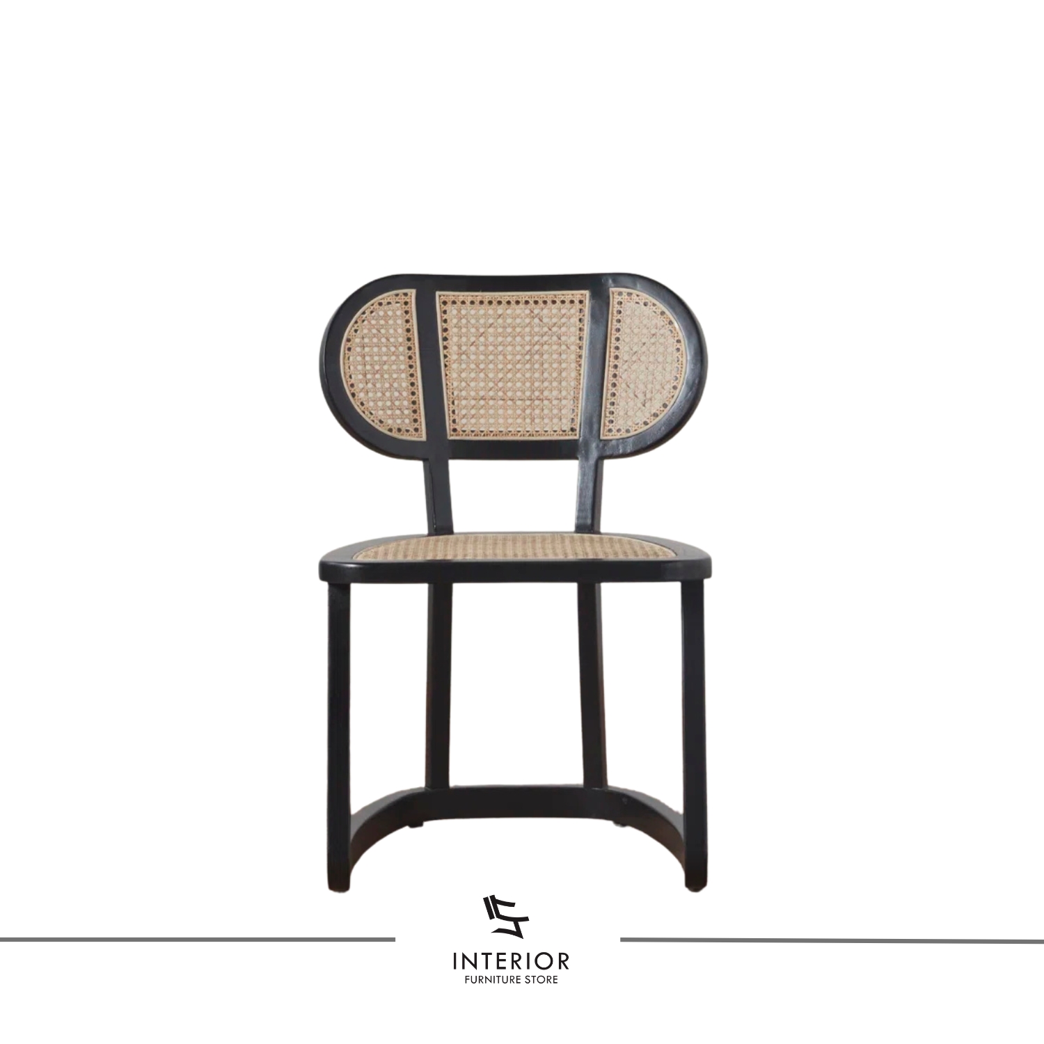 Black wooden dining chair with woven cane seat and backrest.