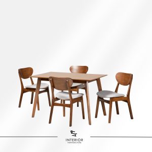 Wooden dining table set with four chairs, featuring a minimalist design, curved backrests, and upholstered seats in a neutral tone.