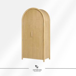 Wooden wardrobe with arched top, double doors, interior shelves, hanging rod, and bottom drawer.