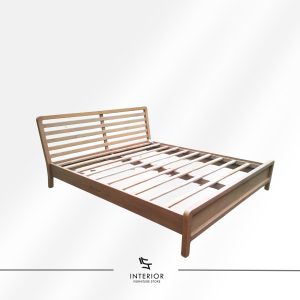 Solid wood bed frame with a slatted headboard and base in a natural finish.