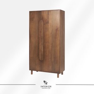 Dark wood wardrobe cabinet with double doors, featuring multiple shelves and compartments inside.