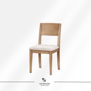 Minimalist wooden dining chair with a padded seat and clean straight backrest.