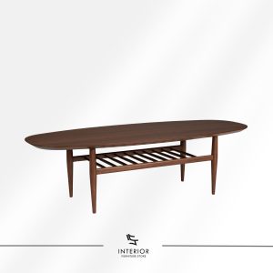 Solid wood oval coffee table with tapered legs and slatted lower shelf, mid-century modern design