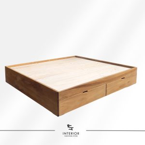 Low-profile wooden bed frame with built-in storage drawers and a flat platform base in a natural finish.