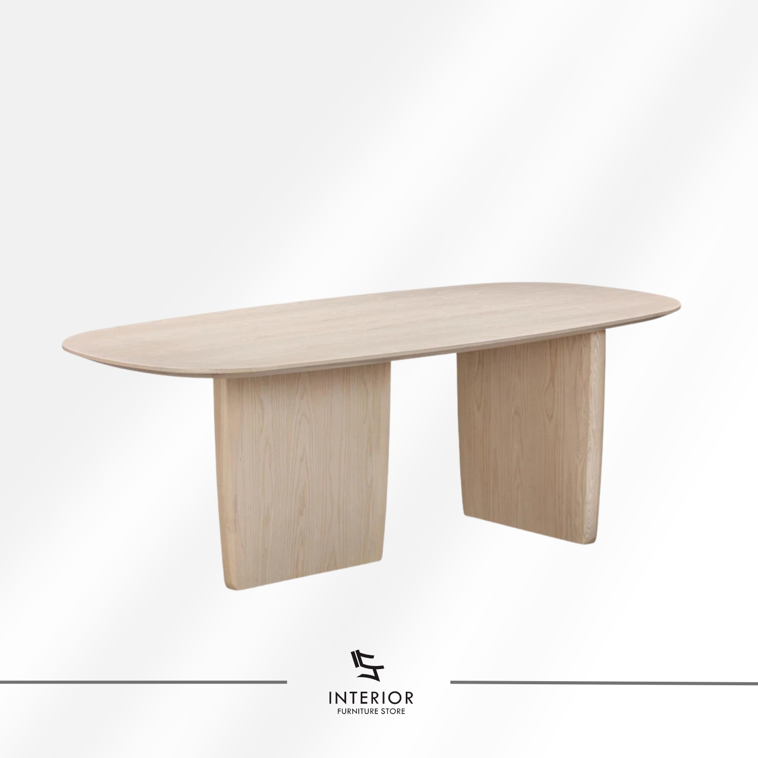 Oval solid wood dining table with sculptural panel legs, minimalist contemporary design