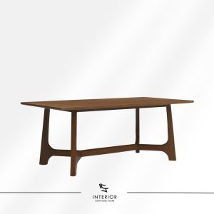 Elegant solid wood dining table with a slim rectangular top and sculptural curved base.