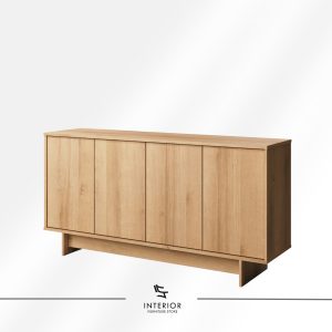 Minimalist wooden sideboard cabinet with four seamless doors, clean lines, and a solid base in a natural wood finish.