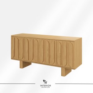 Modern wooden cabinet with a natural oak finish, featuring four doors with sculpted geometric panel details and a sturdy pedestal base.