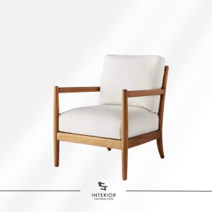 Modern lounge armchair with wooden frame and upholstered cushion