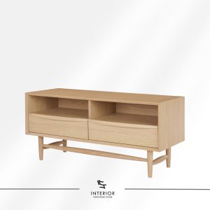 Mid-century style wooden cabinet with clean lines, open shelving, and two drawers, supported by tapered legs.
