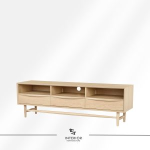wooden media console cabinet with drawers and open shelves