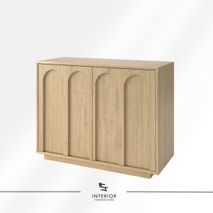 Natural wood storage cabinet with double doors, sculpted front panels, and spacious interior shelving.