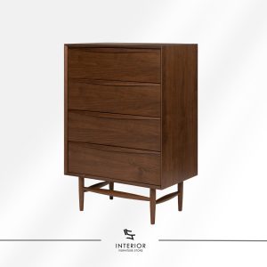 Mid-century modern wooden chest of drawers with four spacious drawers, tapered legs, and a rich walnut finish.