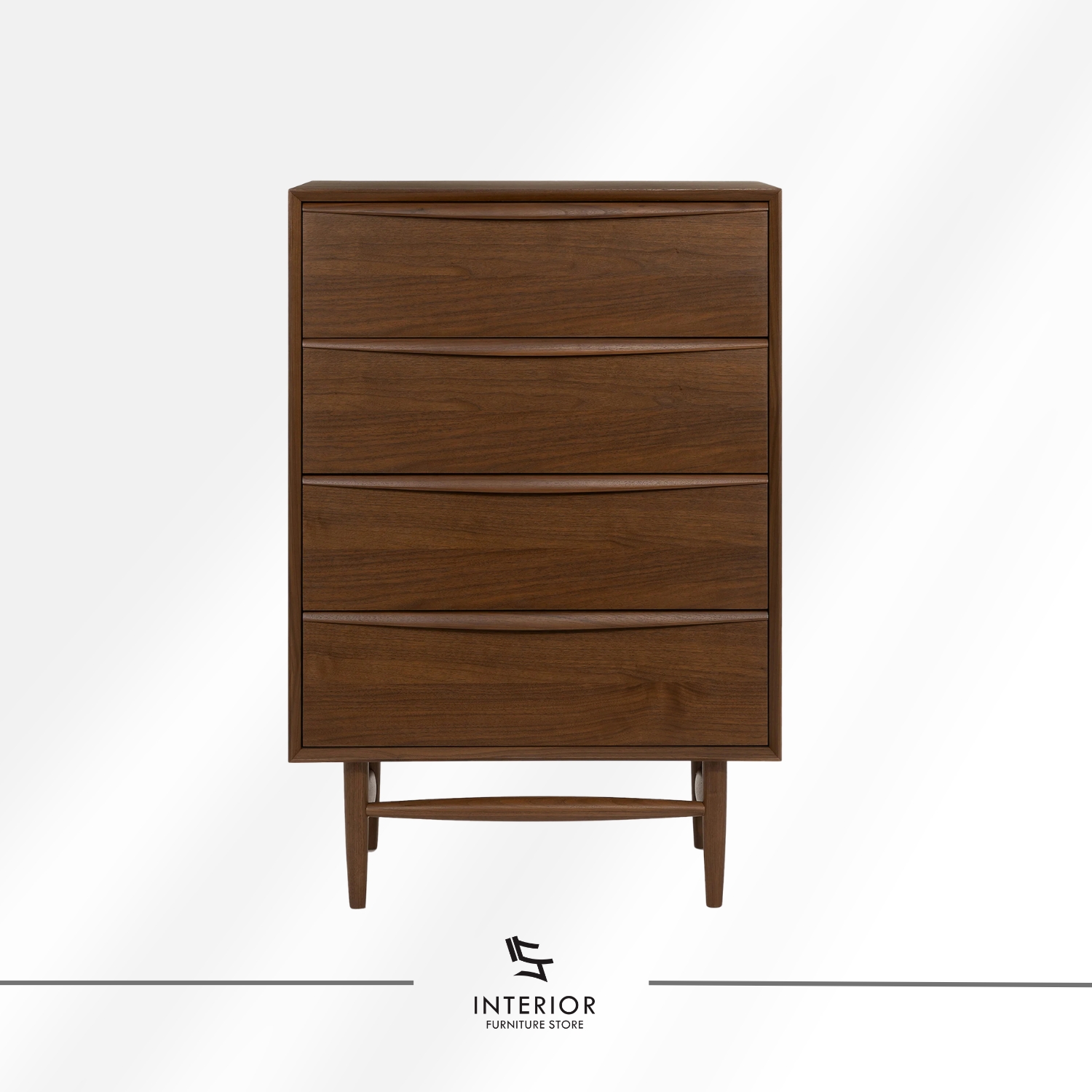 Mid-century modern wooden chest of drawers with four spacious drawers, tapered legs, and a rich walnut finish.