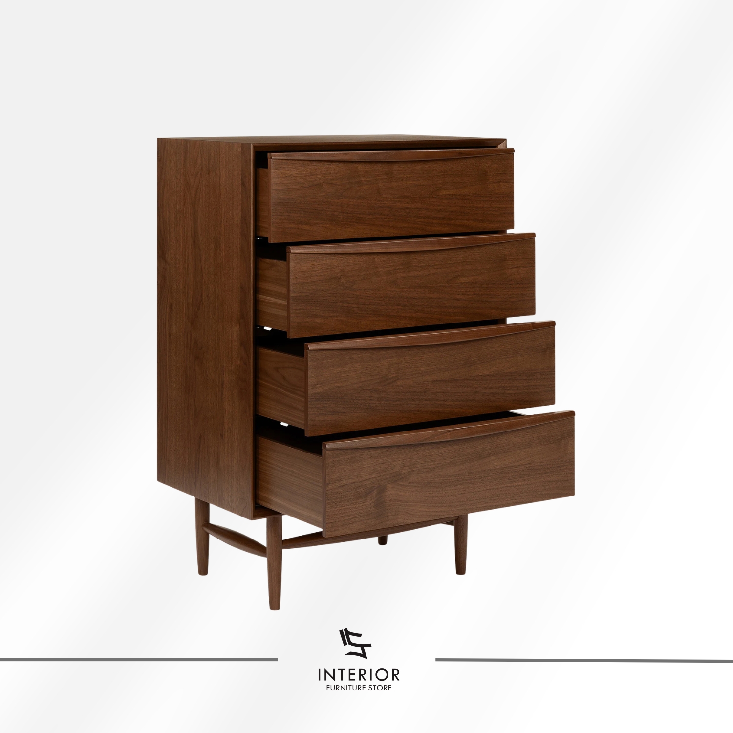 Mid-century modern wooden chest of drawers with four spacious drawers, tapered legs, and a rich walnut finish.