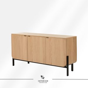 Modern wooden sideboard cabinet with three doors, open interior shelving, and black metal legs, shown with doors open.