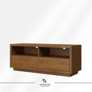 A dark wood cabinet with a minimalist design, featuring two drawers and open shelf compartments, set on a solid base.