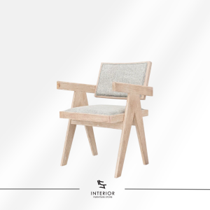 Yugen upholstered dining chair with wooden armrests and cushioned backrest