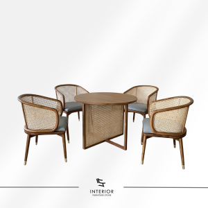Arindra round dining table set with woven dining chairs and solid wood construction