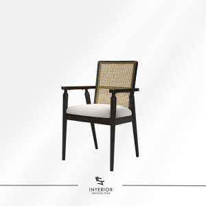 Arkenvia cane arm dining chair with woven rattan backrest and cushioned seat