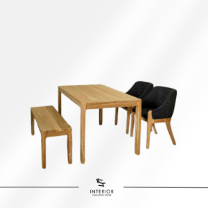 Arunika solid wood dining table set with bench and upholstered chairs