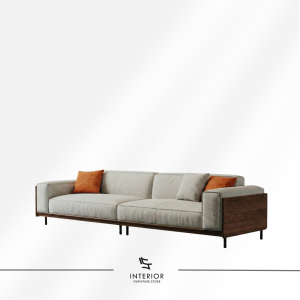 Arvanta contemporary wooden sofa with upholstered cushions and wooden side panels