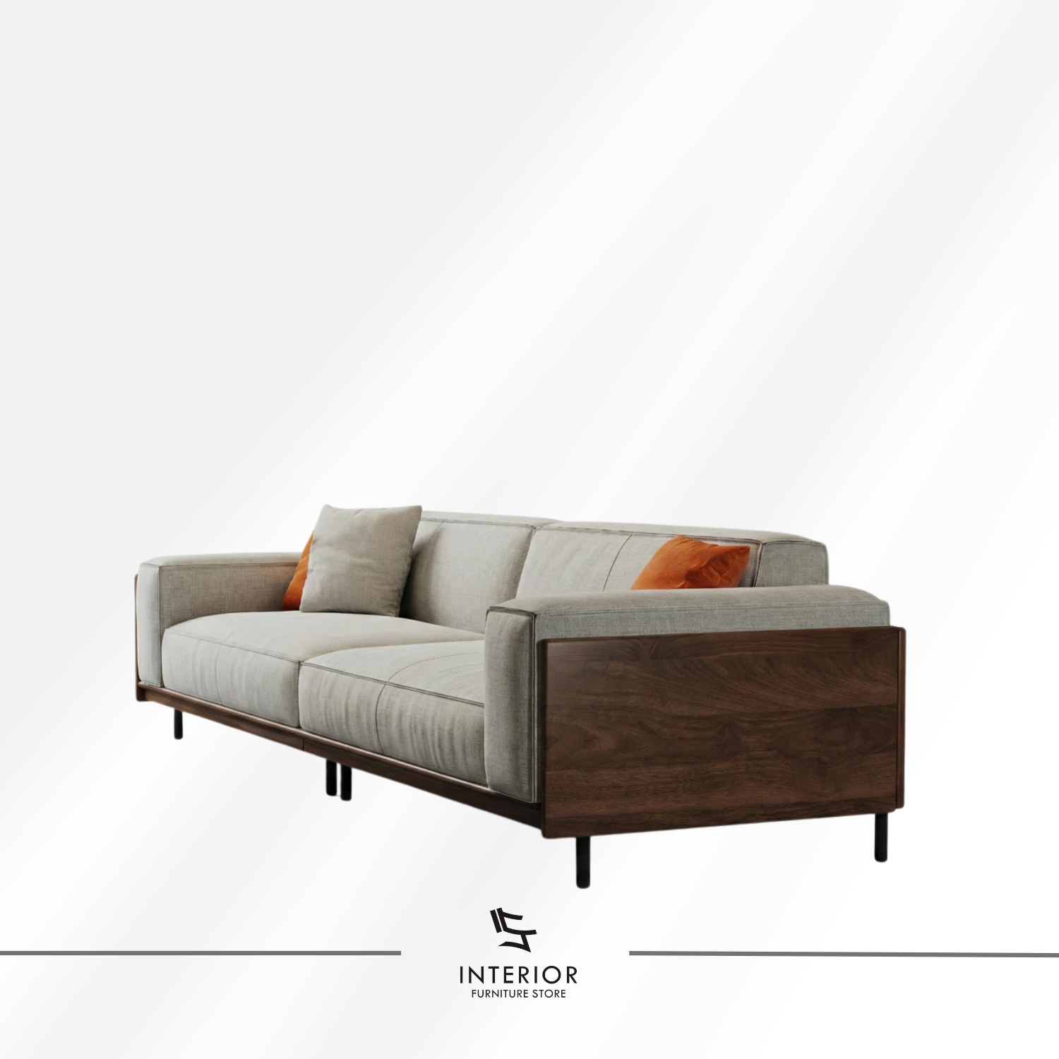 Arvanta contemporary wooden sofa with upholstered cushions and wooden side panels