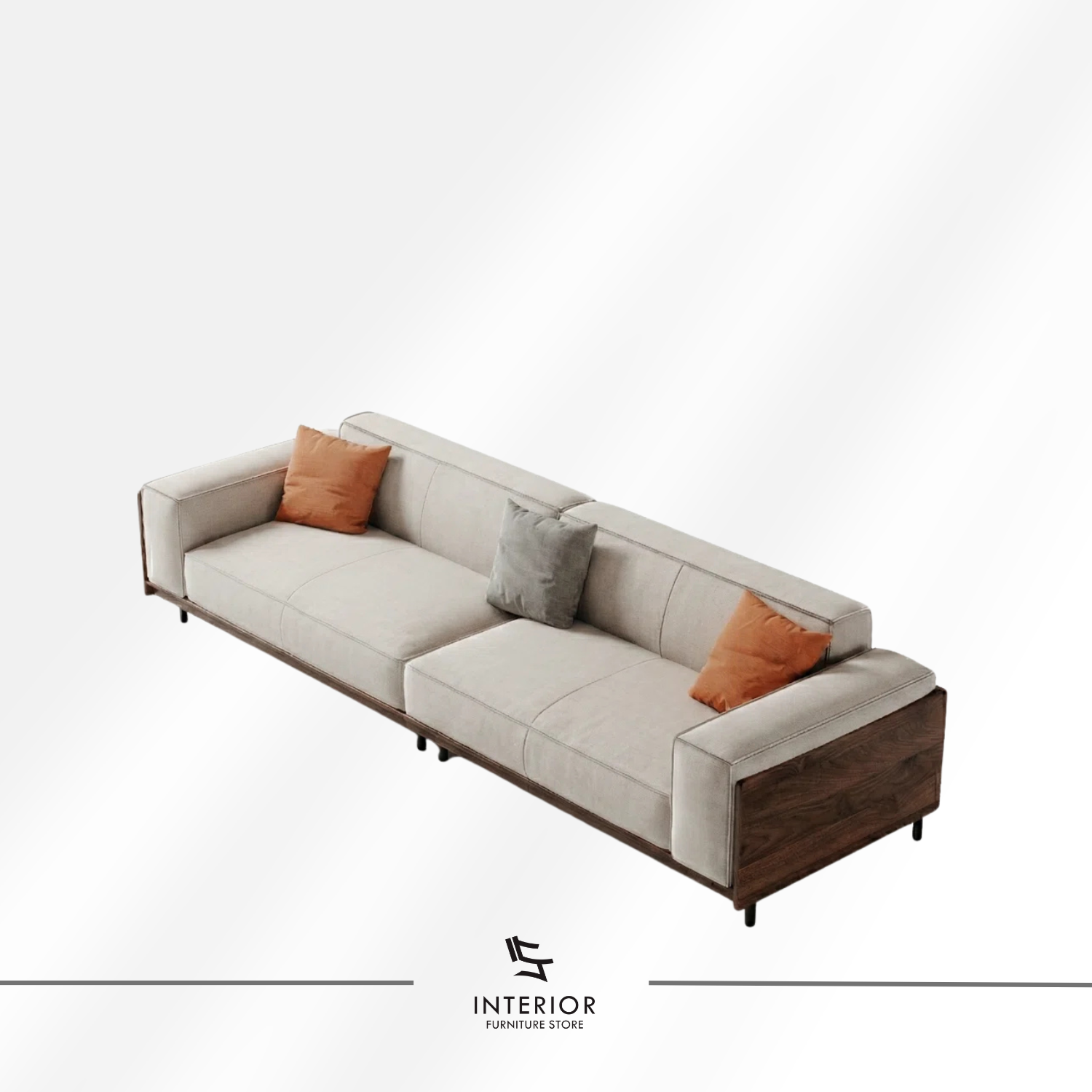 Arvanta contemporary wooden sofa with upholstered cushions and wooden side panels