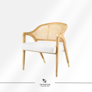 Jinawa cane arm chair with woven cane backrest and upholstered seat
