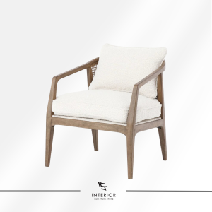 Kivantra cane lounge chair with bouclé upholstery and solid wood frame
