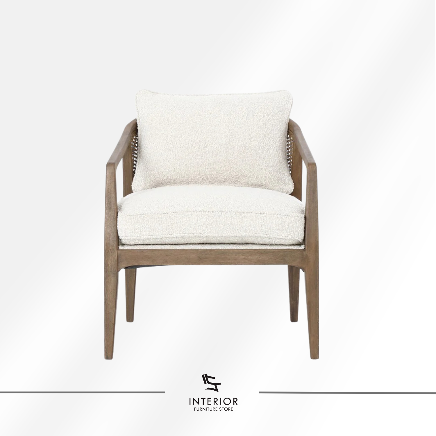 Kivantra cane lounge chair with bouclé upholstery and solid wood frame