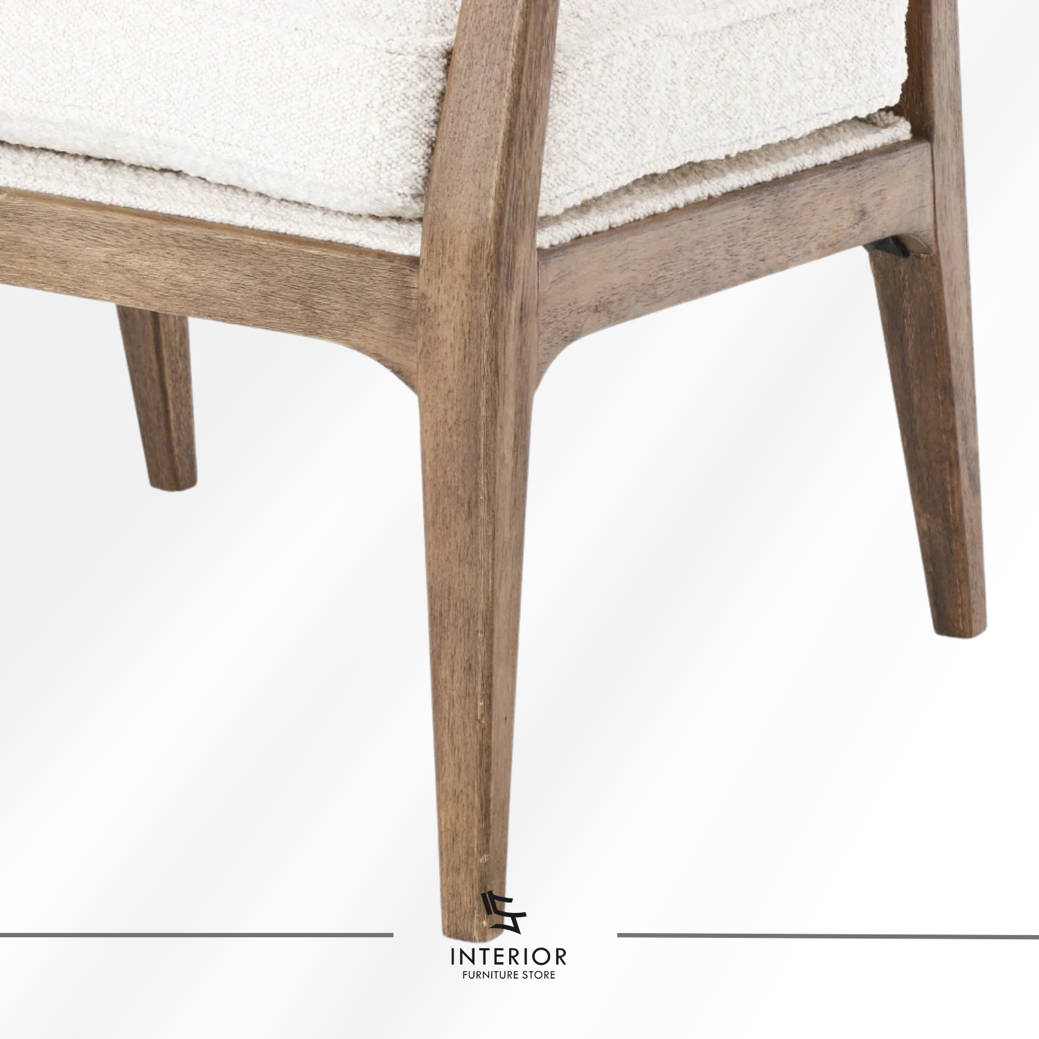 Kivantra cane lounge chair with bouclé upholstery and solid wood frame