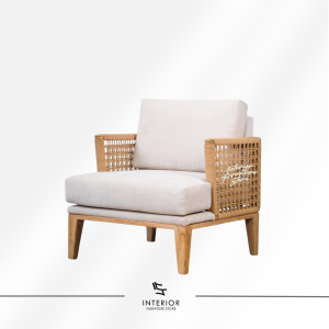 Lum woven lounge chair with upholstered cushions and solid wood frame