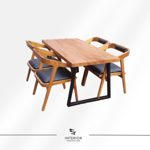 Sulawana wood dining set with solid wood tabletop, metal base, and upholstered dining chairs