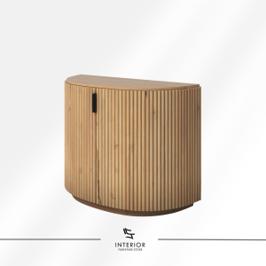 Varesta curved corner cabinet with rounded design and interior storage shelves